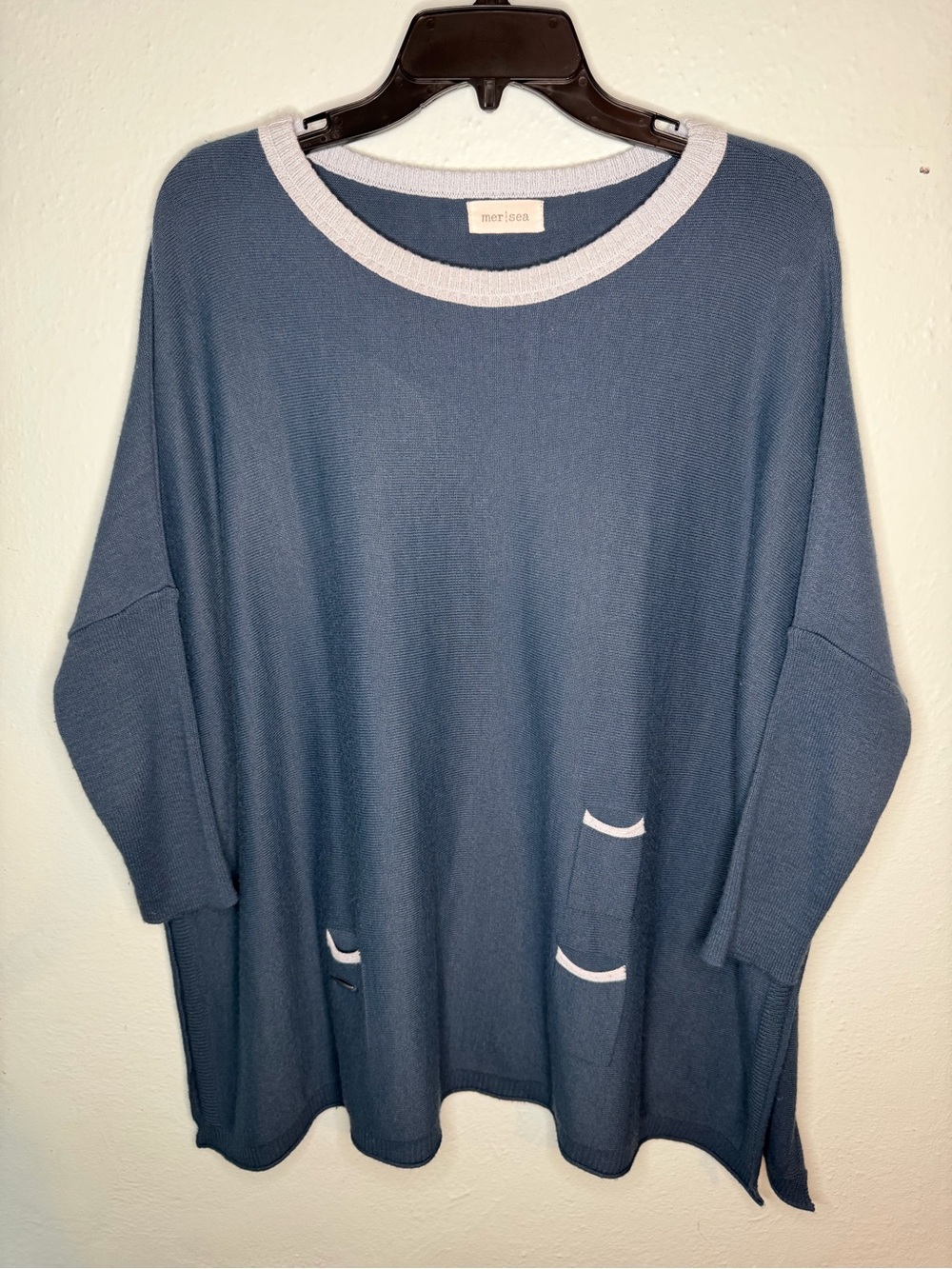 Mersea Slate Blue Relaxed Crewneck Sweater with Cream Trim